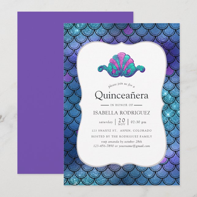 Invitation Faux Parties scintillant Échelle de sirène Motif Q (Devant / Derrière)