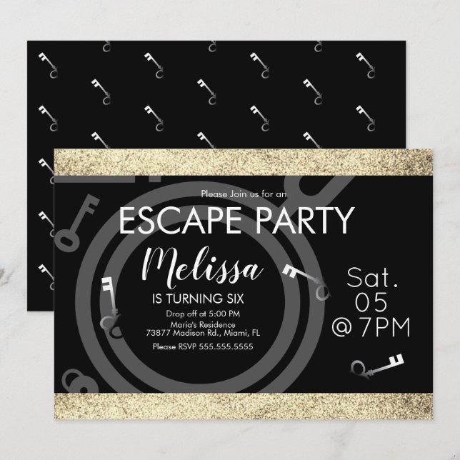 Invitation Faux Parties scintillant Escape Room Anniversaire  (Devant / Derrière)