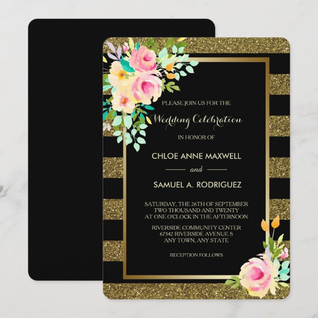 Invitation Faux Parties scintillant Gold Stripe Rose Faire-pa (Devant / Derrière)