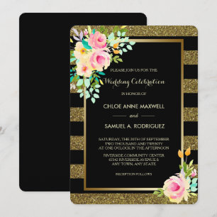 Invitation Faux Parties scintillant Gold Stripe Rose Faire-pa