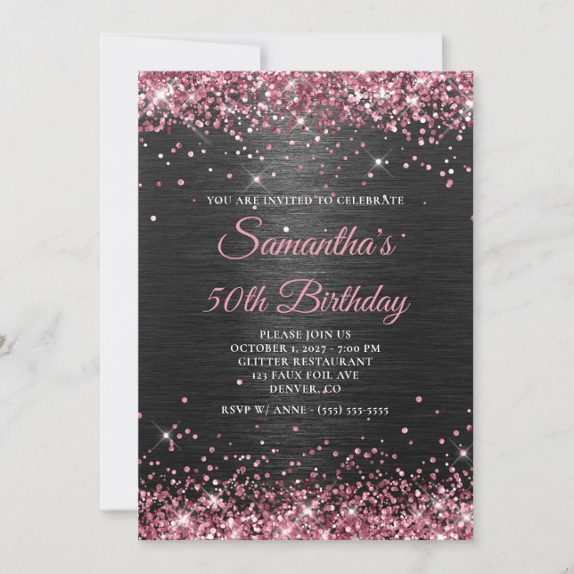 Invitation Faux Parties scintillant rose et Black Foil 50e an (Devant)