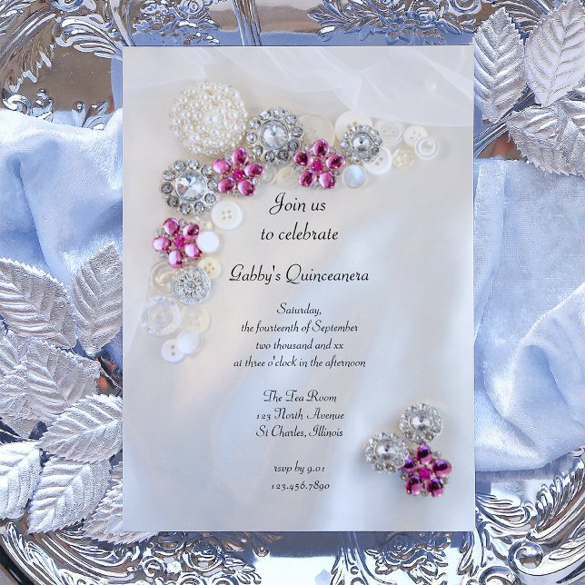 Invitation Faux Pearls Boutons Diamants Rose Quinceañera (Créateur téléchargé)