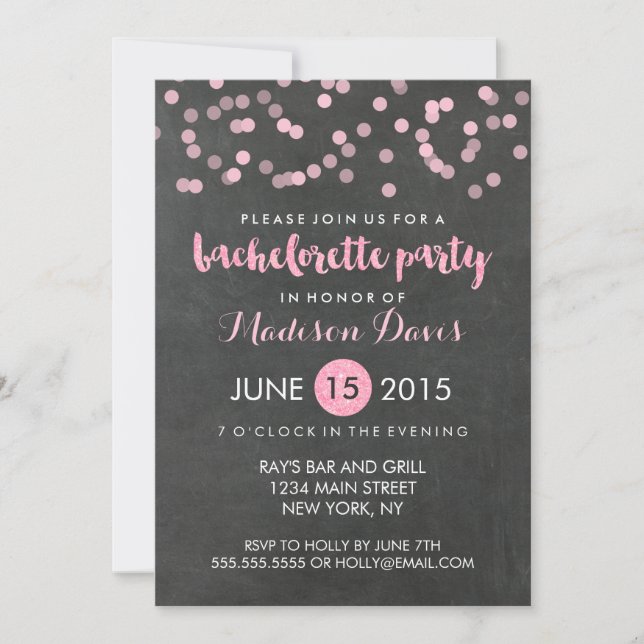 Invitation Faux Pink Parties scintillant Chalkboard Bachelore (Devant)