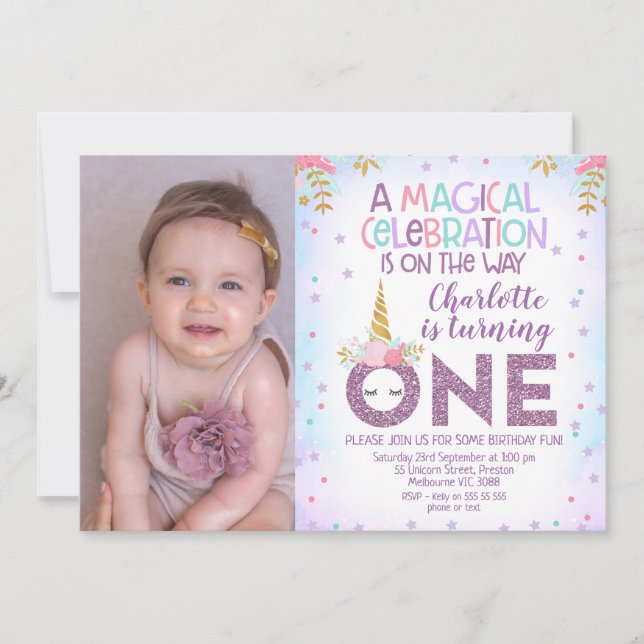 Invitation Faux Purple Parties scintillant One Photo Unicorn  (Devant)