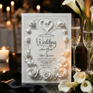 Invitation Faux relief floral blanc monogrammé en relief pour
