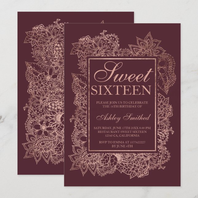 Invitation Faux rose d'or moderne burgundy Sweet 16 (Devant / Derrière)