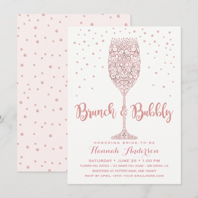 Invitation Faux Rose Gold Brunch & Bubbly Fête des mariées (Devant / Derrière)
