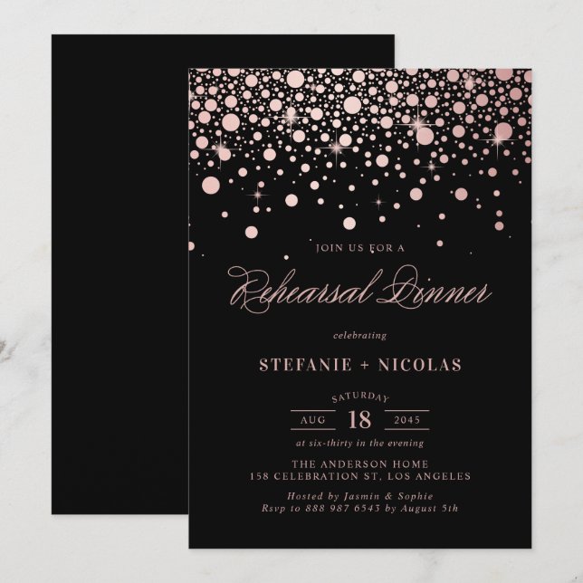 Invitation Faux Rose Gold Confetti Dîner de répétition noire  (Devant / Derrière)
