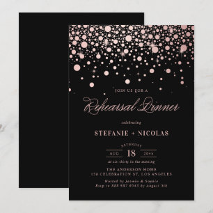 Invitation Faux Rose Gold Confetti Dîner de répétition noire 