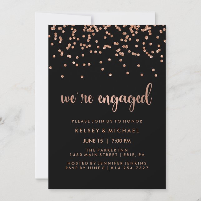 Invitation Faux Rose Gold Confetti sur Black Engagement Party (Devant)