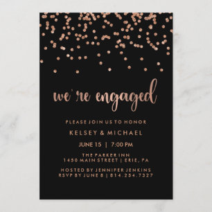 Invitation Faux Rose Gold Confetti sur Black Engagement Party