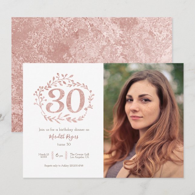Invitation Faux Rose Gold Foliage Wreath 30e anniversaire (Devant / Derrière)