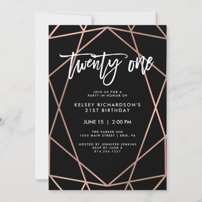 Invitation Faux Rose Gold Géométrique | Fête du 21e anniversa (Devant)