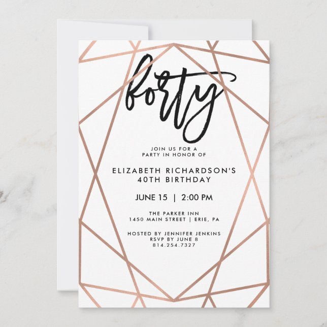 Invitation Faux Rose Gold Géométrique | Fête du 40e anniversa (Devant)