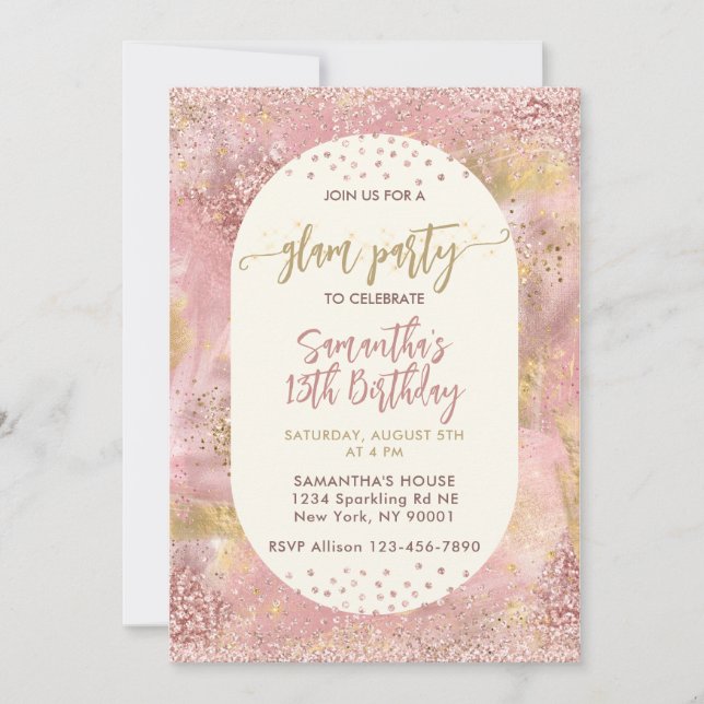 Invitation Faux rose gold pailleté Fête de filles modernes au (Devant)