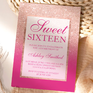 Invitation Faux rose gold pailleté ombre rose magenta Sweet 1