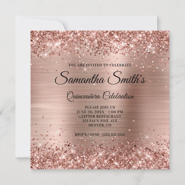 Invitation Faux Rose Gold Parties scintillant et Foil Quincea (Devant)