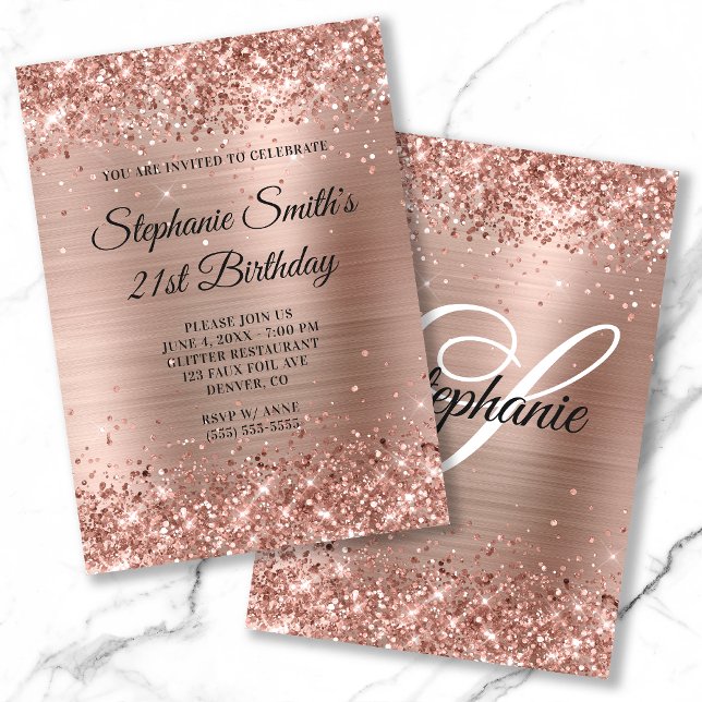 Invitation Faux Rose Gold Parties scintillant Foil Monogramme (Créateur téléchargé)