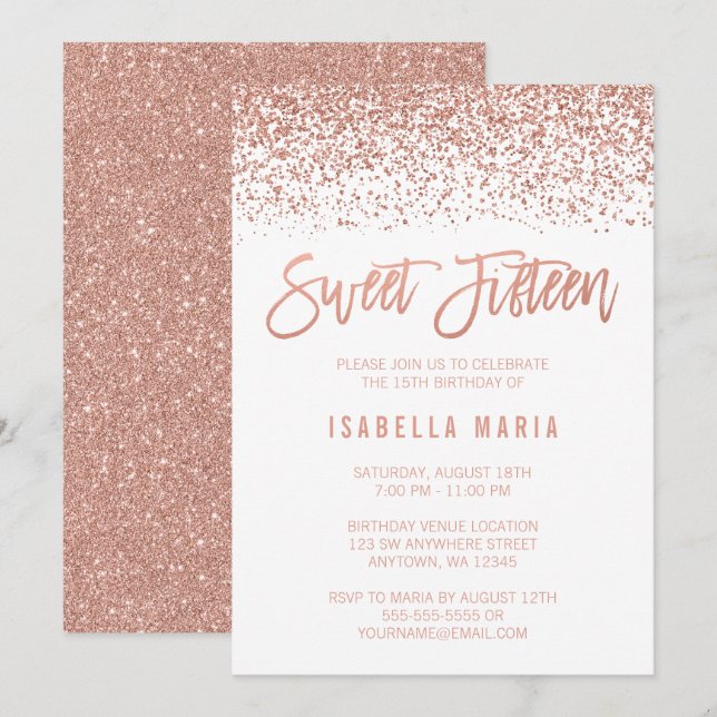 Invitation Faux Rose Gold Parties scintillant Sweet 15 Annive (Devant / Derrière)