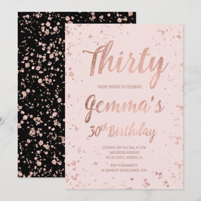 Invitation Faux rose or confetti blush 30e Anniversaire nom (Devant / Derrière)