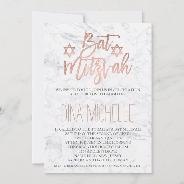 Invitation Faux rose or typographie marbre chic Bat mitzvah (Devant)