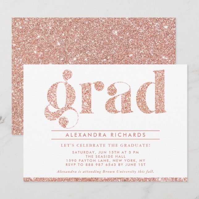 Invitation Faux Rose Parties scintillant or Graduation Party  (Devant / Derrière)