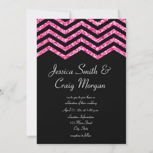 Invitation Faux rose vif et noir paillettes Chevron Mariage
