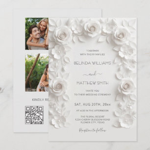 Invitation Faux Roses en Relief Blanc Cadre 3 Photos Mariage