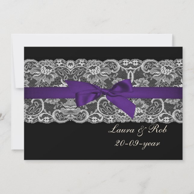 Invitation Faux ruban dentelle violet noir Merci mariage (Devant)