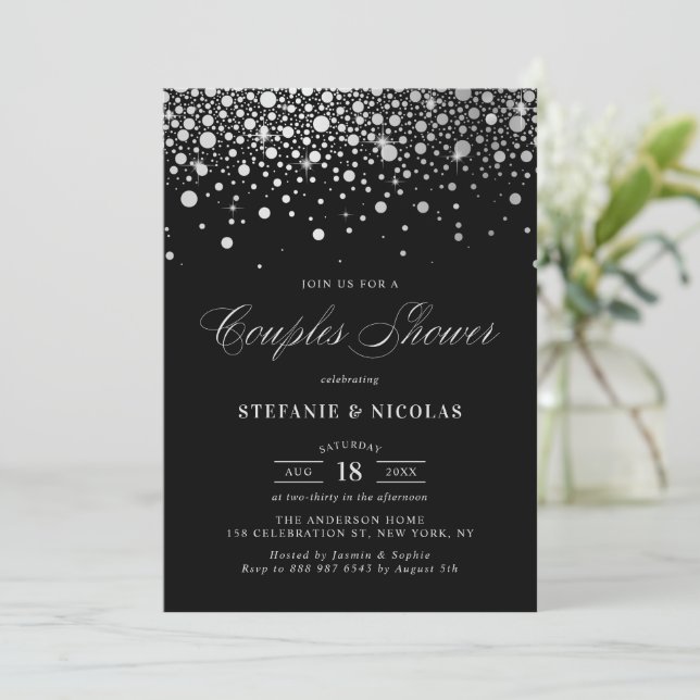 Invitation Faux Silver Foil Confetti Couples Noirs Douche (Debout devant)