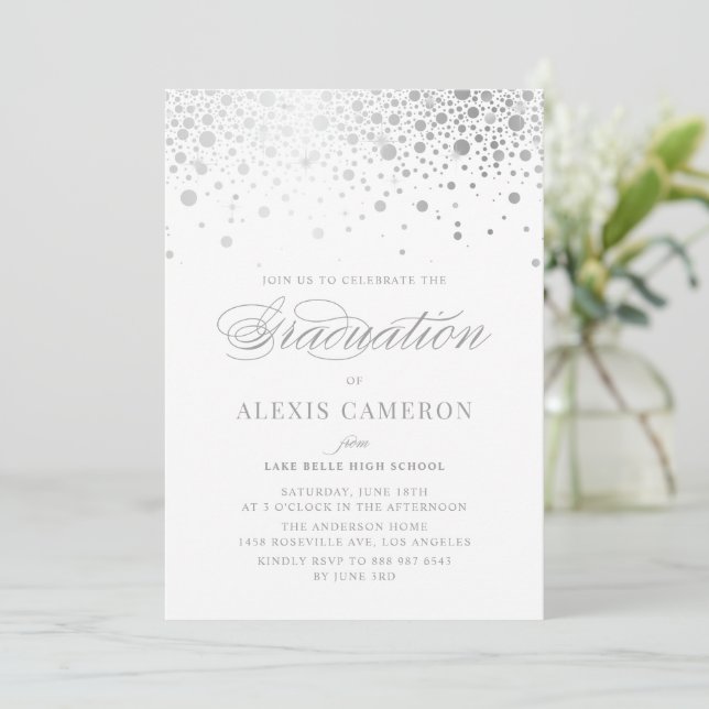 Invitation Faux Silver Foil Confetti Dots Graduation (Debout devant)