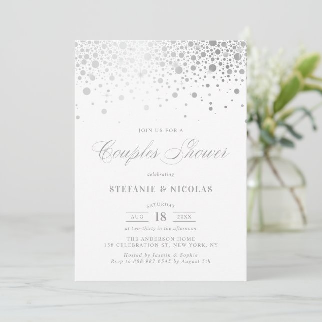 Invitation Faux Silver Foil Confetti White Couples Douche (Debout devant)