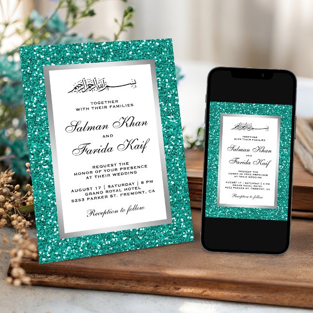 Invitation Faux Silver Foil Parties scintillant Turquoise Mar (Créateur téléchargé)