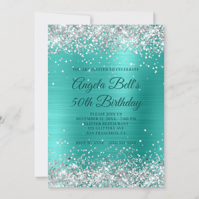 Invitation Faux Silver Parties scintillant Turquoise Foil 50e (Dos)