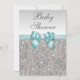 Invitation Faux Silver Sequins Baby shower bleu Turquoise