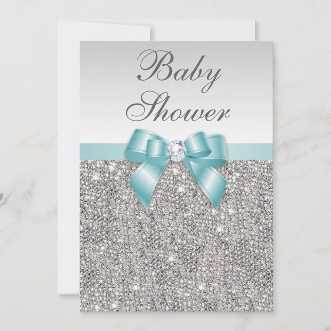 Invitation Faux Silver Sequins Baby shower bleu Turquoise (Devant)