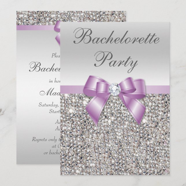 Invitation Faux Silver Sequins Lilac Bow Bachelorette Party (Devant / Derrière)