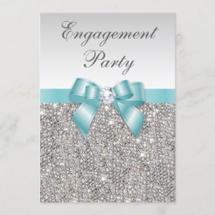 Invitation Faux Silver Sequins Turquoise Bow Engagement Party
