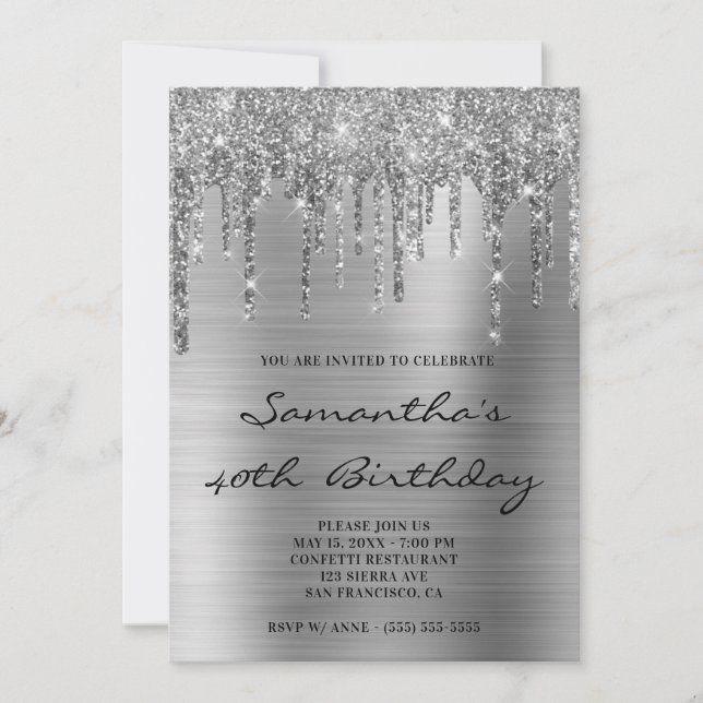Invitation Faux Sparkly Parties scintillant en argent gouttes (Devant)
