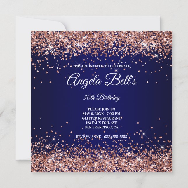 Invitation Faux Sparkly Rose Parties scintillant or bleu mari (Dos)