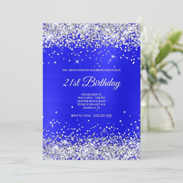 Invitation Faux Sparkly Silver Parties scintillant Bleu Bleu  (Debout devant)