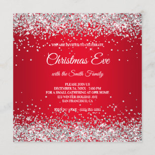 Invitation Faux Sparkly Silver Parties scintillant Noël Rouge