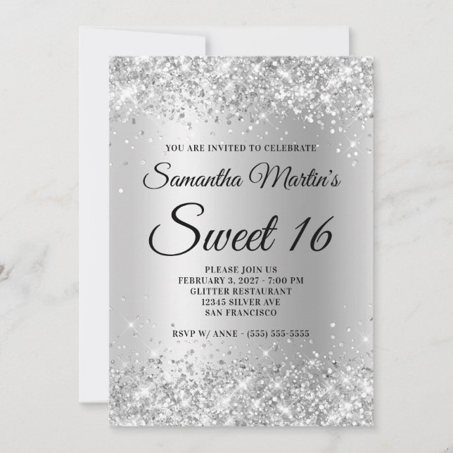 Invitation Faux Sparkly Silver Parties scintillant Satin Foil (Devant)