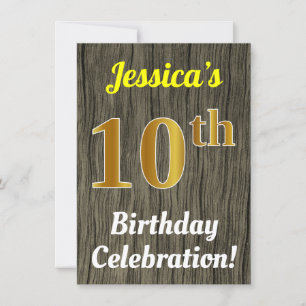 Invitation Faux Wood, Faux Gold 10th Birthday Celebration