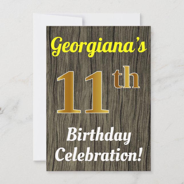 Invitation Faux Wood, Faux Gold 11e anniversaire (Devant)