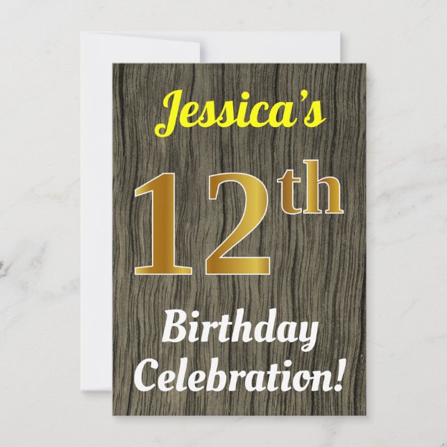 Invitation Faux Wood, Faux Gold 12e anniversaire (Devant)