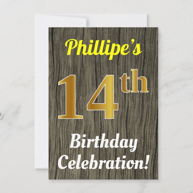 Invitation Faux Wood, Faux Gold 14e anniversaire (Devant)