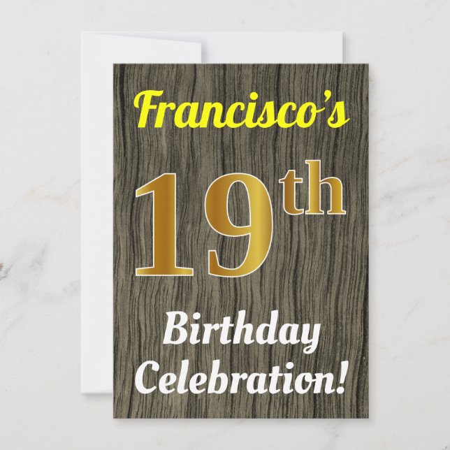 Invitation Faux Wood, Faux Gold 19e anniversaire (Devant)