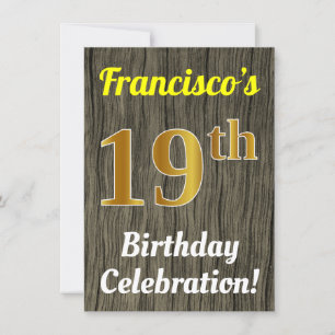 Invitation Faux Wood, Faux Gold 19e anniversaire