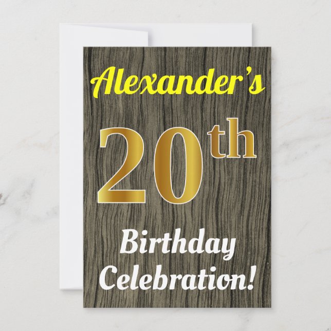 Invitation Faux Wood, Faux Gold 20th Birthday Celebration (Devant)